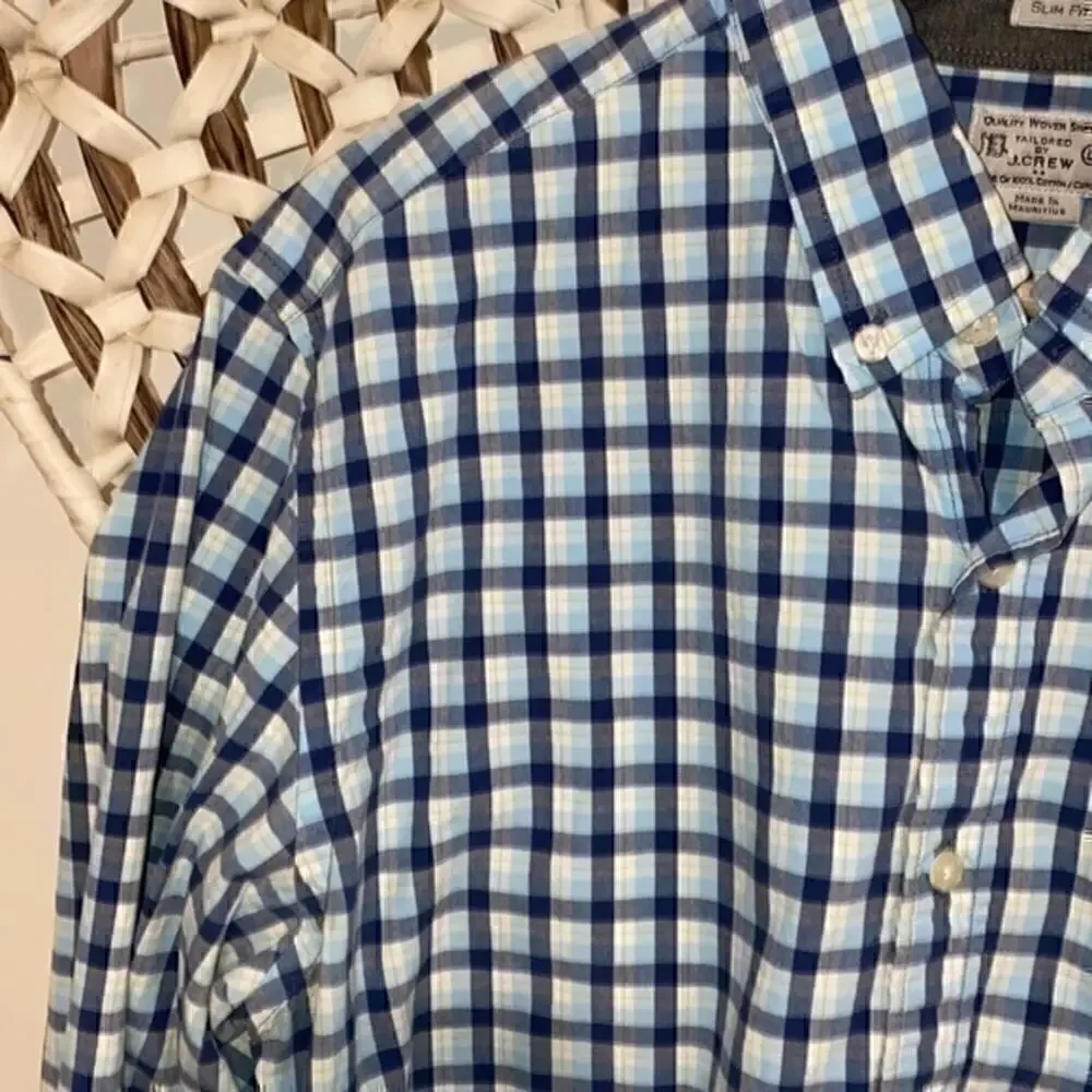 J. Crew blue, green and white checkered button down slim fit size large
